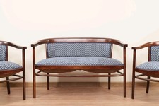 Living Room Seating Set Sofa Two Armchairs Thonet 1910 Geometrical Jacquard Blue
