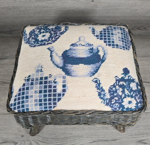 Wicker needlepoint footstool - needlepoint,