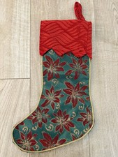 Vintage Silk-Style Christmas Stocking – Green & Red Poinsettia with Velvet Top