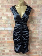 V Neck Satin Black Ruched