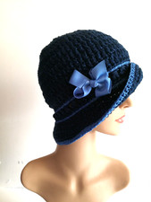CROCHET BUCKET CLOCHE LADIES HAT 1920s DOWNTON 1 SIZE NAVY SHIMMER MID BLUE TRIM