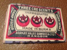 old match box top - the three crescents impregnated.burma