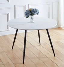 Dining Table, White Marble Effect Top Kitchen Table, Round Table with Metal Legs