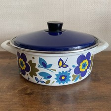 Vintage Floral Enamel Pan Casserole Dish Stock Pot With Lid. Blue & White Flower