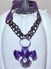 3D Printed Purple Hanging Bat Faux Leather Choker Necklace Burlesque Goth Vamp