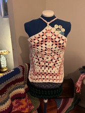 Hand Crochet Festival Halter Neck Boho Hippy Granny Square Ladies Top Size 12
