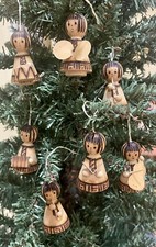 Choir Girls Wood Ornament Set 7 Pyrography Flute Cymbals Music Instruments Book