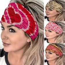 Pink Hearts Wide Turban Sports Headband Elastic Head Hair Band Stretch Yoga UK