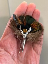 Vintage Scottish feather silvertone brooch stag/deer head with crystal gem