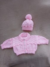 Hand Knitted Pink Baby Jacket and Matching Bobble Hat 0-3 Months