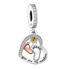 Sterling Silver 925 You Are My Sunshine Love Heart Baby Footprint Feet Charm