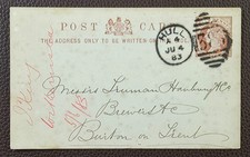 1883 QV Prepaid Postcard to Ale Order to Truman Hanbury, Brewers Burton-on-Trent