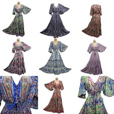 Bohemian Maxi Paisley Gown Dress Pockets Lace up Bodice One Size 10 12 14 16