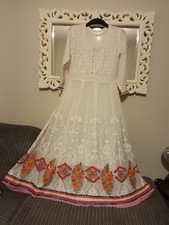 New Women 2pc White Embroidery Indian Suit Dress and Trouser Size S