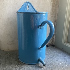 Vintage blue enamel wall mounted water container with spout for basin or enema