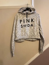PINK SODA LADIES GREY & WHITE CROPPED HOODED SPORTS TOP SIZE 14 UK