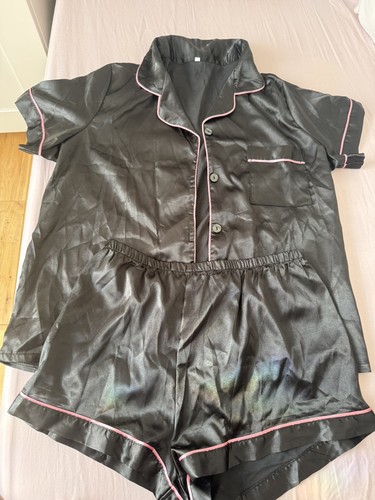 Womens black satin pyjama - womens, set