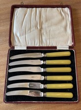 Vintage c1930s 6 x Butter Knives EPNS Celluloid Handles Boxed Art Deco *