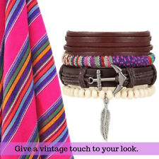 Tribal Ethnic Fabric Woven Cords Leather Leaf Boat Colorful Anchor Bracelet