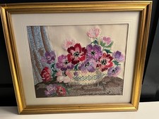 Framed  Tapestry Needlepoint Embroidered Floral Wall Art