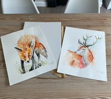 ORIGINAL WATER COLOUR PAINTINGS FOX & DEER STAG ELLE SMITH FINE ART SIGNED PAIR