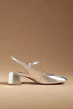 Anthropologie Bibi Lou Mignon Leather Block Kitten Heels - Silver  SZ EU 39 UK 6