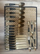 Vintage Star Of Siam Cutlery Brass Gold Wood Dinnerware Table