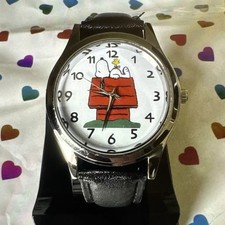 Snoopy Peanuts Quartz Watch Black Leather Strap + Free Cute Peanuts Cosmetic Bag