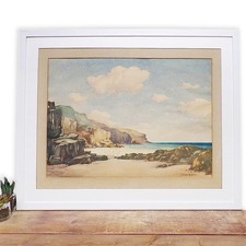 Large Seascape Print Framed Watercolour Painting Scottish Art Vintage Beach Used
