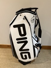 PING GOLF TOUR BAG WITH HALF ZIP COVER, STRAP, BLACK/WHITE STAFF COLOURS
