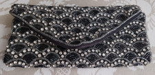 Vintage Beaded & Diamante Jewellery Wallet Roll/ Pouch Satin 3 Pockets Black