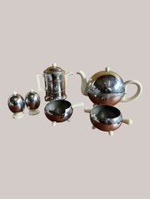 everhot vintage teapot set,chrome and china,5 items, 523942 patent