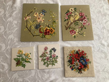 Handmade Decorative Flower design Embroidery on Canvas on Wood 1970s Job Lot x 5