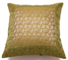 16x16 Inch Indian Woven Zari Brocade Banarasi Silk Paisley Cushion Covers Green