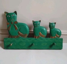 Green Chunky Wooden Wall Mounted Peg Rail With Carved Cat Detail Coat Hooks