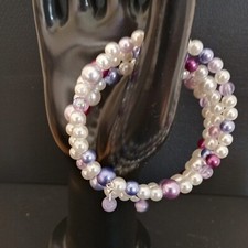 Handmade Beaded 3 Coil Memory Wire Bracelet, Purple