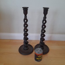 Large Pair Antique Open Barley Twist Candlesticks - Oak with  Brass Sconces  18"