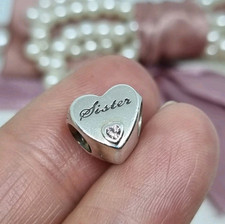 Genuine Pandora Pink Sister Polished Heart Charm Pink CZ  ? 925 ALE  R12b