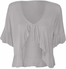WOMANS TIE UP FRONT BOLERO SHRUG WOMENS SHORT SLEEVES FRILL SHIRT PLAIN CROPPED
