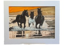 Mark Leary Wildlife Art Watercolour Painting stallions having fun in the surf 