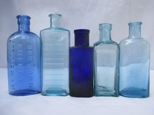5 SUPERB BLUE GLASS CHEMIST MEDICINE APOTHECARY VINTAGE OLD BOTTLES POISON CURE