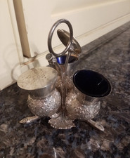 Vintage Scottish Thistle Cruet or Condiment Set By CT B , with Blue Glass Liners