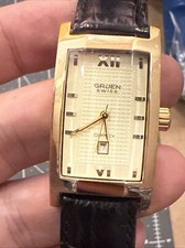Gruen Curvex 44mm Long Date Quartz Gold Tone Wristwatch Beveled Crystal Swiss