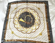 Aquascutum Equestrian Silver grey & Gold Silk Square Scarf EXCELLENT COND