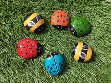 HAND PAINTED PEBBLES STONES SET OF 6 CUTE LADYBIRDS BEES🐞RAINBOW GARDEN GIFT