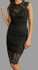 Lipsy VIP Premium UK 8  Black Guipure Lace Midi Dress Fitted Bodycon