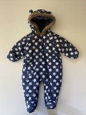 TU Snowsuit Blue Baby Boys Pramsuit Star Print Hooded Zip Up Age 3-6 months