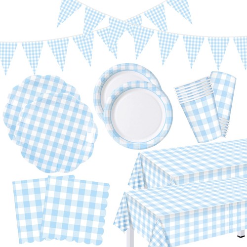 Blue gingham plates napkins - gingham,