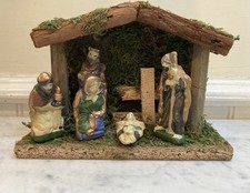 Vintage Nativity Ceramic Wooden Stable Christmas