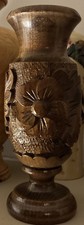 Small Hand Carved Wooden Vase Flowers and Leaves